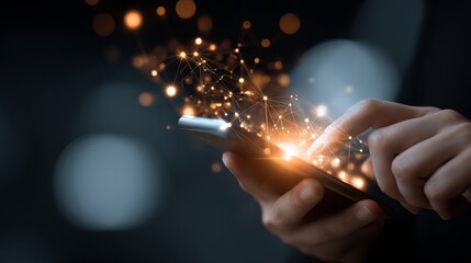 Dynamic connection of digital network emerging from modern smartphone screen interaction in dark setting