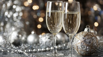 Two elegant champagne flutes toast celebration against a stunning, sparkling silver holiday background with warm bokeh lights