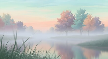Ethereal misty morning over a tranquil lake with colorful autumn trees reflecting on the calm water surface