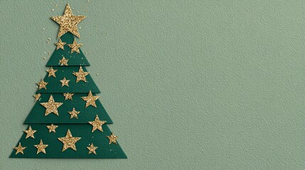 Sparkling gold stars adorn a minimalist green Christmas tree silhouette against a soft textured background, creating festive holiday cheer and modern winter elegance.