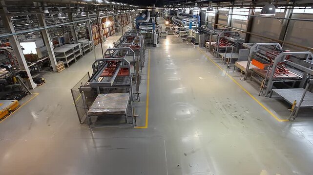 Handling of fired products is done with automatic vehicles. Ceramic tile manufacturing plant. Automatic laser guided vehicle LGV for handling, management and control. Smart factory inside. Indoor
