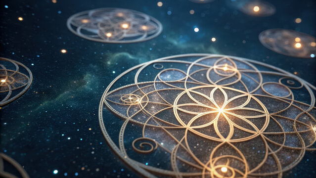 Sacred geometry zodiac. Intricate golden sacred geometry patterns float in cosmic background, creating mystical atmosphere