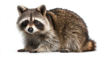 Fototapeta premium Playful Raccoon Sitting on White Background, Capturing the Wild Spirit of Nature with Humor