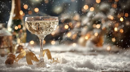 Elegant champagne toast for New Year's Eve celebration with falling snow and bokeh lights creating a magical holiday mood perfect for festive promotions