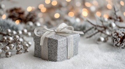 Sparkling holiday magic with a beautifully wrapped gift, perfect for festive promotions and cozy Christmas campaigns, evokes warmth and cheer
