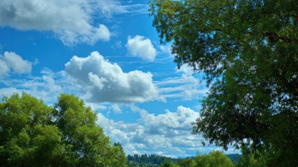 Obraz premium Lush Green Trees Under a Serene Blue Sky with Fluffy Clouds: A Summer Landscape