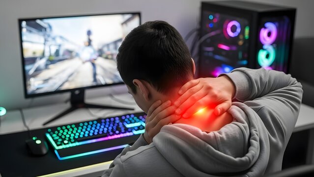 Person with neck pain from prolonged computer use or gaming, highlighting discomfort and poor posture at a desk.