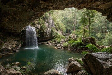 Serene Water Cave: Scenic Bridge Flowing into Tranquil Waterfall Surrounded by Lush Bush in Australian National Park