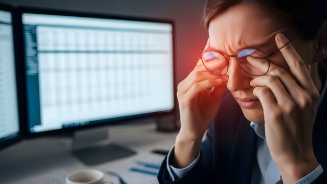 Stressed Businesswoman with Headache and Eye Strain at Office Desk, Highlighted Red for Pain