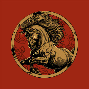 horse in circle gold frame hatching style drawing vector
