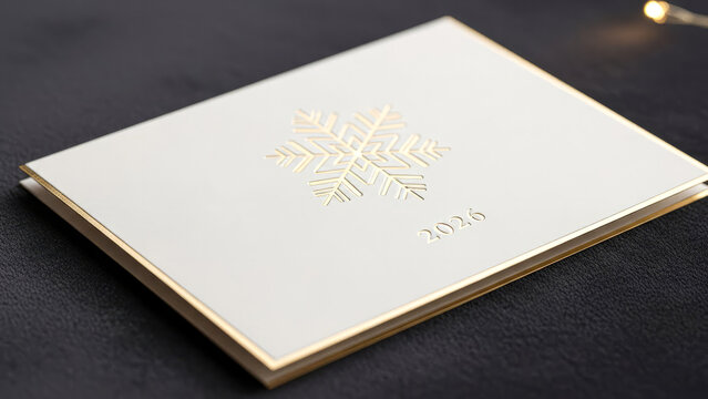 Premium white holiday card with gold foil snowflake and 2026 text on dark textured background. Luxurious new year greeting design concept with metallic border. Isometric view of elegant stationery.