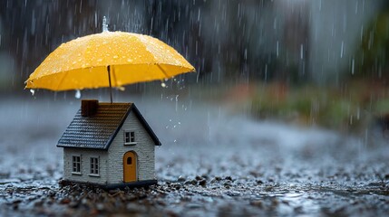 Vibrant yellow umbrella shields tiny house model from heavy downpour symbolizing essential home protection and insurance needs
