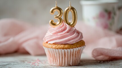 Elegant golden number 30 candles top a delicious vanilla cupcake with soft pink frosting for a milestone birthday celebration