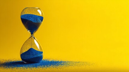 Stunning blue hourglass with glittering sand against vibrant yellow background symbolizing urgency and passing moments