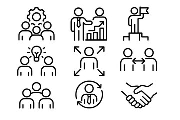 Set of corporate business management and teamwork concepts line icons representing strategy and success