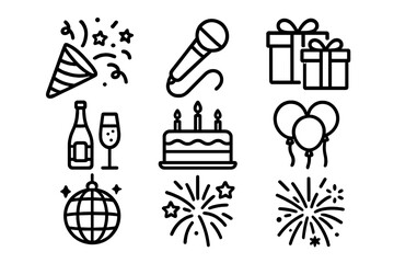 Celebration and party symbols set with gifts, cake, balloons, champagne, and fireworks