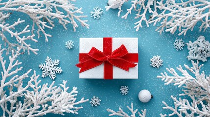 Stunning white gift box with vibrant red bow rests on frosty blue background surrounded by sparkling winter foliage