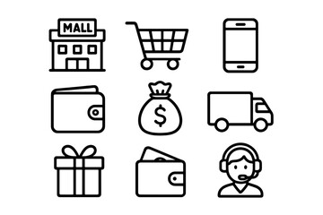 E-commerce shopping line icons set featuring cart, delivery, payment, and support symbols