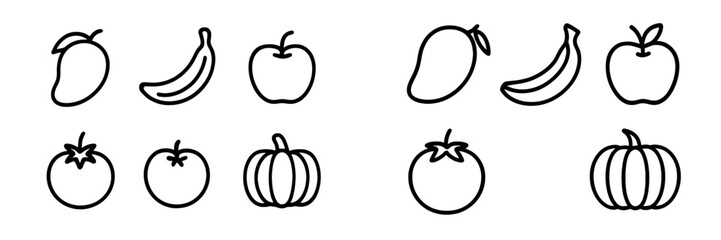 Minimalist line icons of popular fruits and vegetables including mango, banana, tomato, and pumpkin