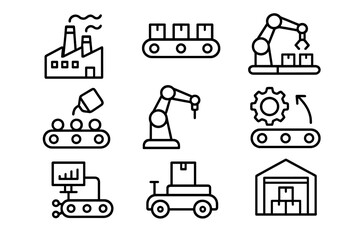 Industrial automation processes featuring factory production, assembly lines, robotics, and logistics