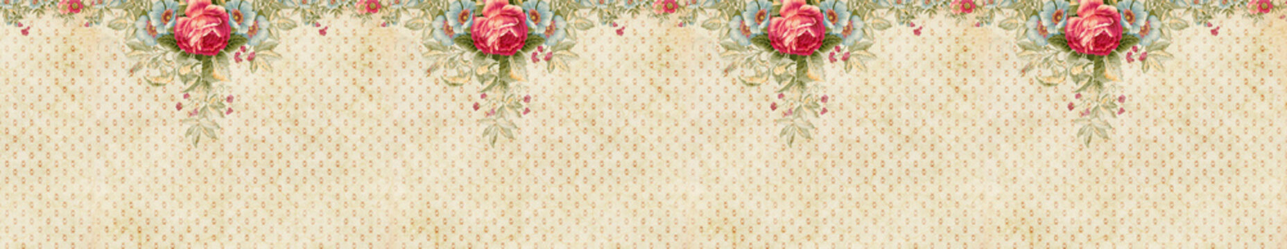 Vintage Floral Border with Red Roses and Blue Flowers on Beige Dotted Paper Background