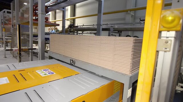 Production of ceramic tiles. Ceramic tile factory. Making ceramic tile. Ceramic tiles moving on the production line. Automated guided vehicles (AGVs) at a manufacturing plant. Indoor. Close-up