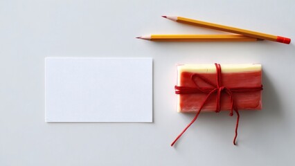 Gift box with pencils and blank cards on flat lay