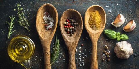 Rustic Kitchen Scene: Wooden Spoon Surrounded by Fresh Ingredients for Italian Meal Preparation