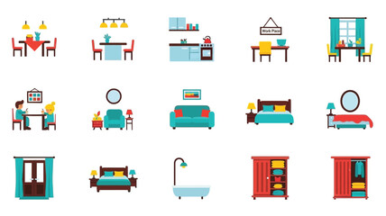 Collection of colorful flat design furniture and interior decor icons