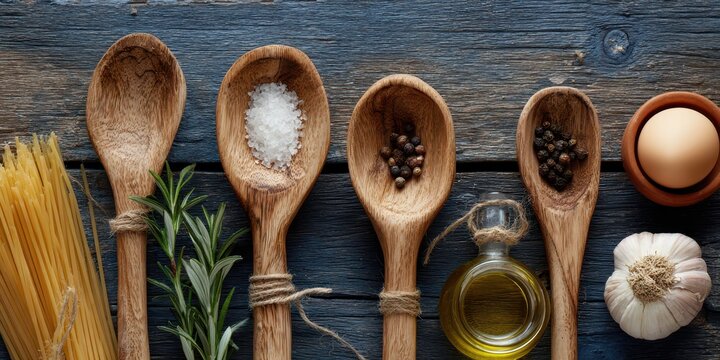 Rustic Kitchen Essentials: Wooden Spoon Surrounded by Fresh Ingredients for an Italian Meal