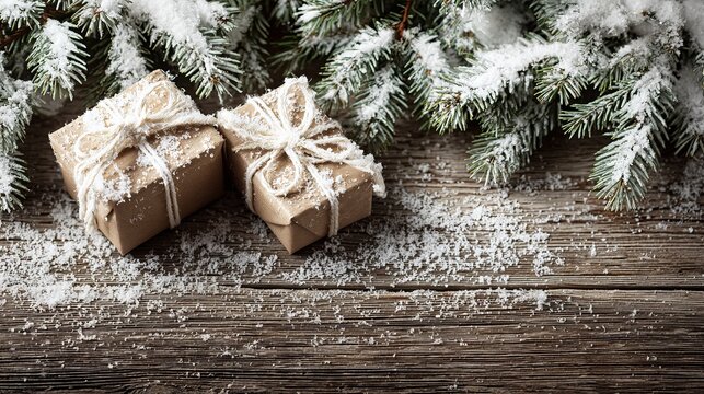 Cozy winter scene with rustic brown gift boxes tied with twine, nestled amongst snow-dusted pine branches on weathered wooden planks, evoking warm holiday spirit.