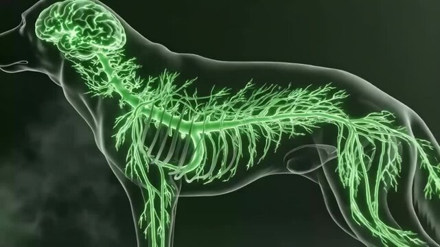 Green nervous system of dog with spinal cord and peripheral nerves glowing, glowing green spinal
