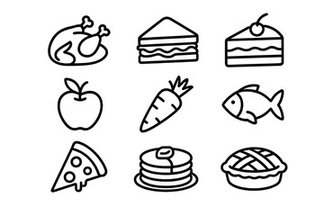 Outline icons set depicting various food groups including meat, produce, and desserts