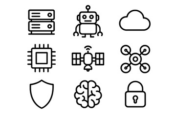 Modern computing, robotics, data security, and artificial intelligence outline icons