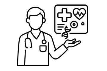 Medical professional presenting health data, genetic information, and cardiology symbols