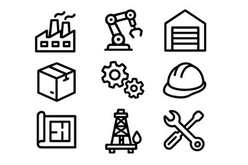 Industrial manufacturing and engineering symbols featuring factory, robotic arm, and tools