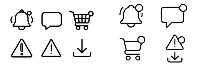 Outline user interface icons: notification bell, shopping cart, chat bubble, warning sign, download arrow