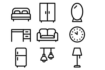 Minimalist outline symbols for essential household furniture and interior decoration items
