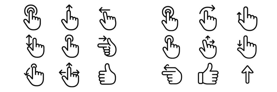 Outline icons of touchscreen gestures and hand interactions for modern user interfaces