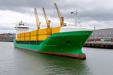 Cargo ship with green hull and yellow containers docked in city harbor on an overcast day