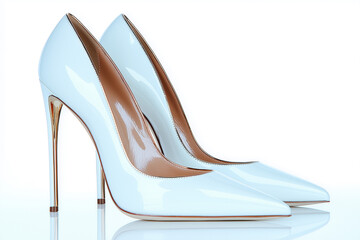 Stylish high heels in white color with shiny finish and thin stiletto heels placed on a plain background