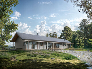 Vista panor&aacute;mica de la casa moderna de madera situada en un prado verde rodeado de bosque y un camino de grava.