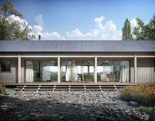 Obraz premium Fachada de una casa moderna de estilo granero con grandes ventanales y terraza de madera en un entorno natural