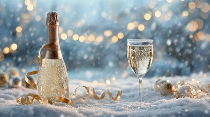 Celebrate the New Year with chilled champagne in a snowy winter wonderland, a perfect moment for holiday cheer and festive celebrations with loved ones