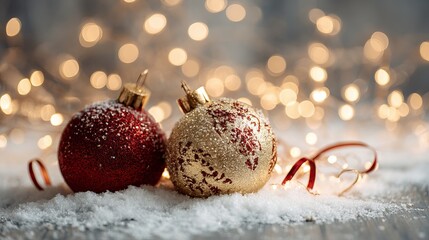 Sparkling Christmas ornaments in snow with shimmering lights offer a festive, joyful holiday mood and would make a stunning addition to your seasonal designs