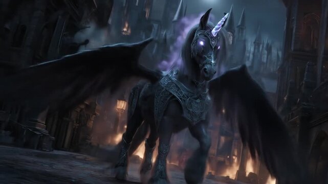 Dark Winged Mythical Creature with Glowing Eyes and Aura amidst a Ruined, Burning Fantasy Cityscape at Night, Epic Digital Art