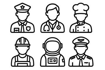 Set of six outline icons for diverse professional occupations and essential workers