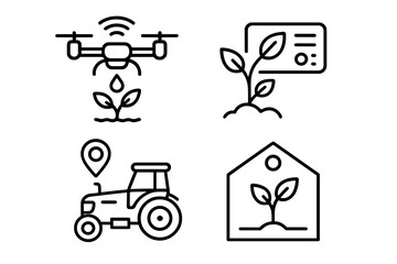 Precision agriculture technology featuring drone irrigation, data monitoring, GPS tractor, and controlled greenhouse