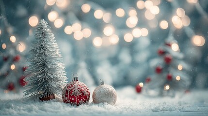 Enchanting snowy Christmas scene with glowing lights and ornaments, perfect for holiday greetings or winter promotions, radiating warmth and festive cheer