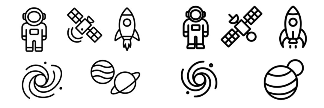 Minimalist line art depicting space exploration, astronauts, rockets, and celestial objects